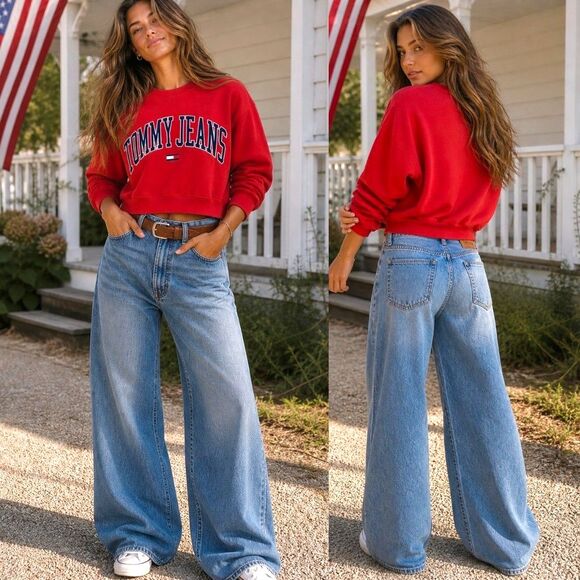 Tommy Hilfiger Tops - 90s Vtg Tommy Hilfiger S Red Americana Short Crewneck Spellout Sweatshirt Jumper
